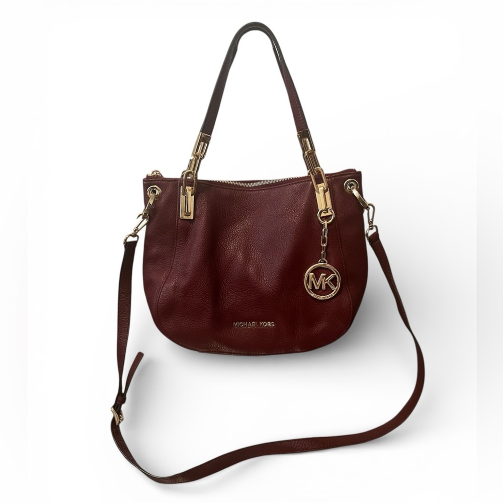 Michael Kors Brooke Pebbled Tote in Claret Leather Maroon with Gold Accents